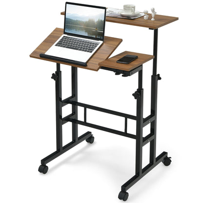 Gymax Mobile Stand up Desk Adjustable Computer Desk Tilting Workstation Walnut