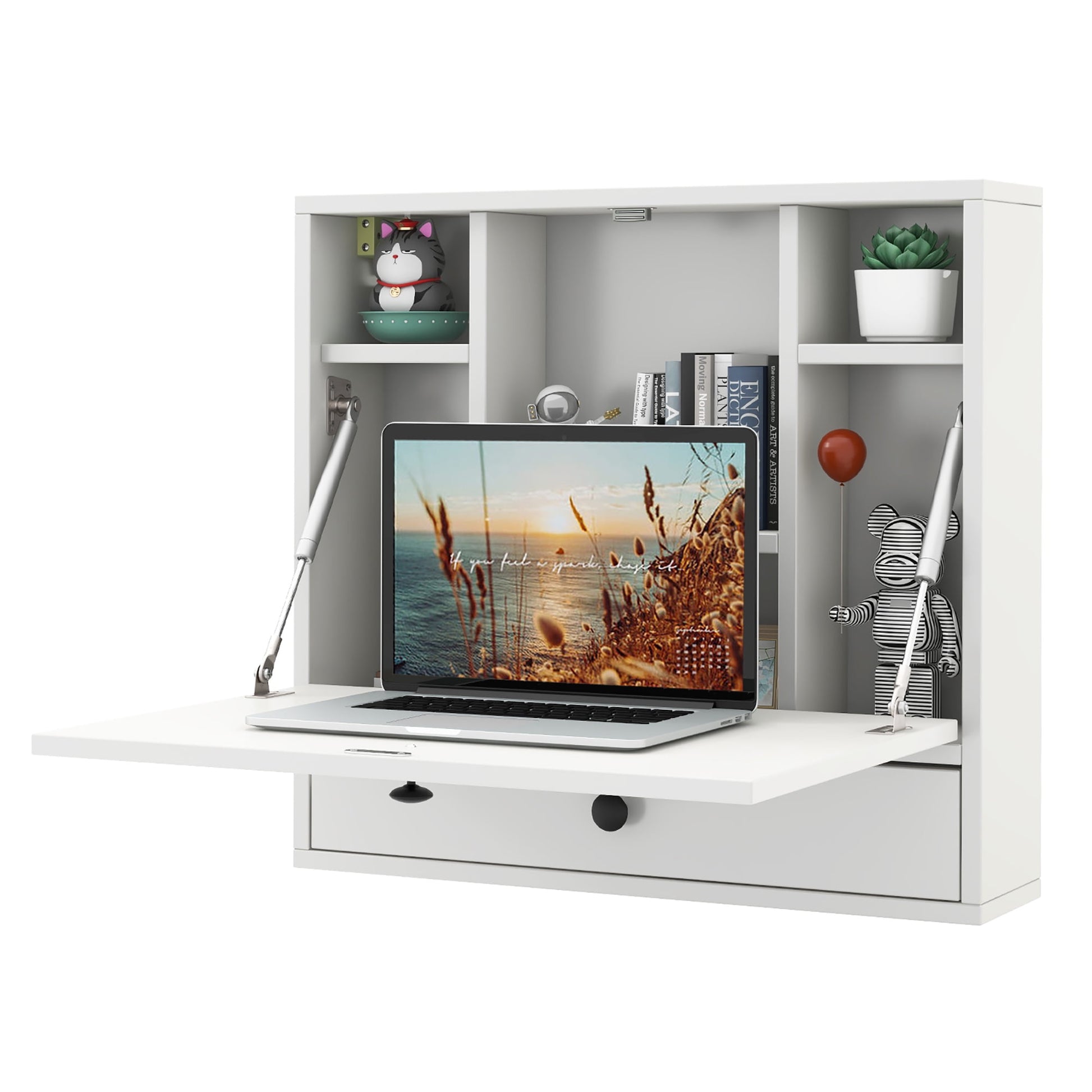 Gymax Wall-mounted Desk Floating Computer Workstation w/ Storage Shelves Home Office White