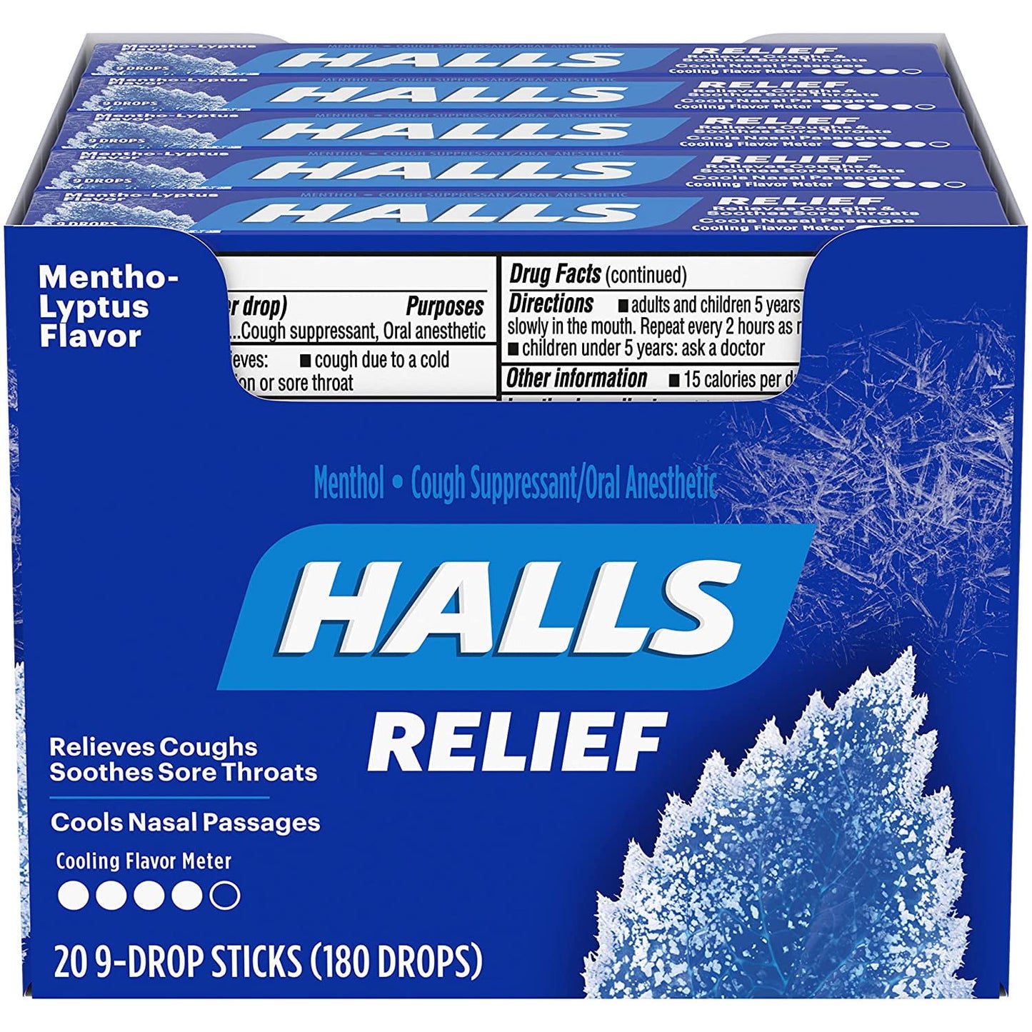 HALLS Relief Mentho-Lyptus Menthol Flavor Cough Drops,5 Pack,(9 Cough Drops Per Roll)