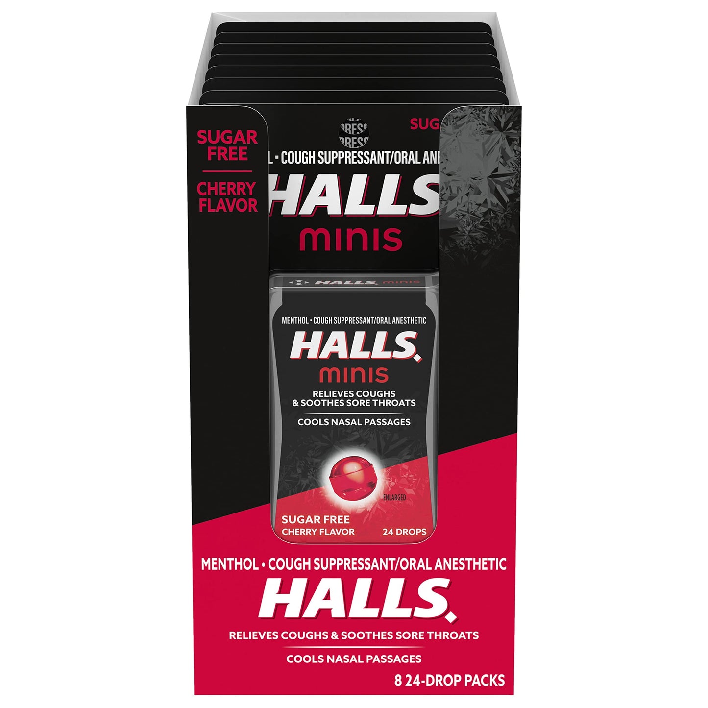 HALLS Minis Cherry Flavor Sugar Free Cough Drops, 8 Packs of 24 Drops (192 Drops Total)