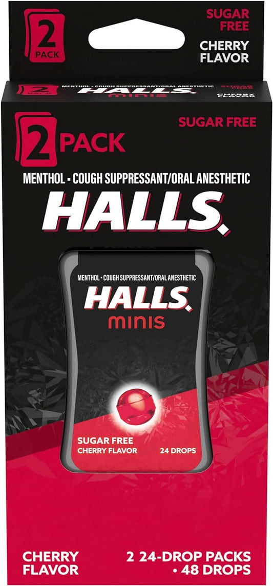 HALLS Minis Cherry Flavor Sugar Free Cough Drops, Twin Pack (48 Total Drops)