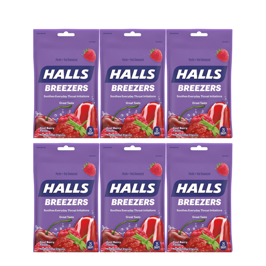 HALLS Relief BREEZERS COOL BERRY Cough Drops, 25 Drops Per Pack (Pack Of 6)