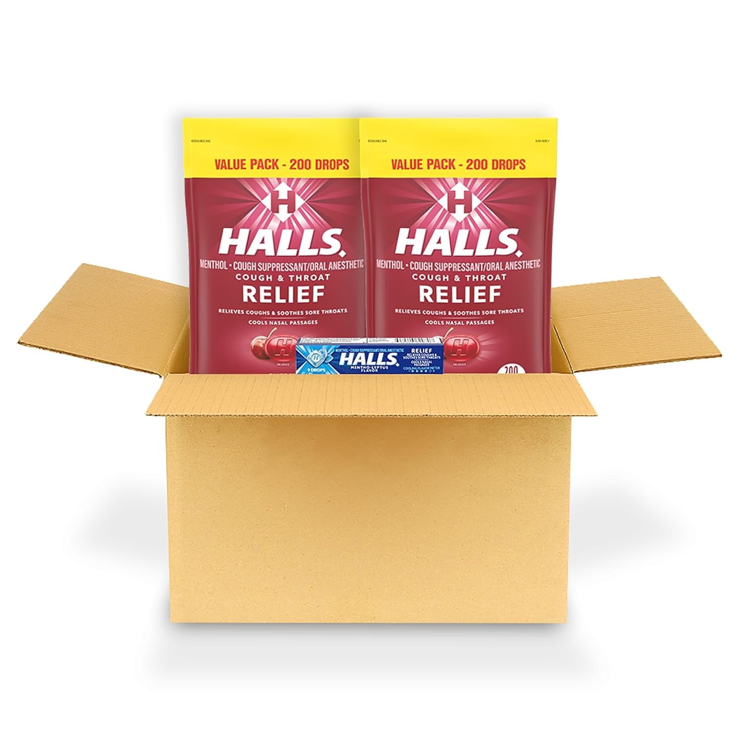 HALLS Relief Cherry Cough Drops, 2 Value Packs of 200 Drops (400 Total Drops) + Bonus 9 Count HALLS Relief Mentho-Lyptus Cough Drops