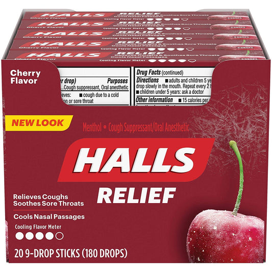 Halls Cherry Cough Drops for Coughs, Sore Throats, Nasal Passages, 20 Packs of 9 Drops (180 Count)