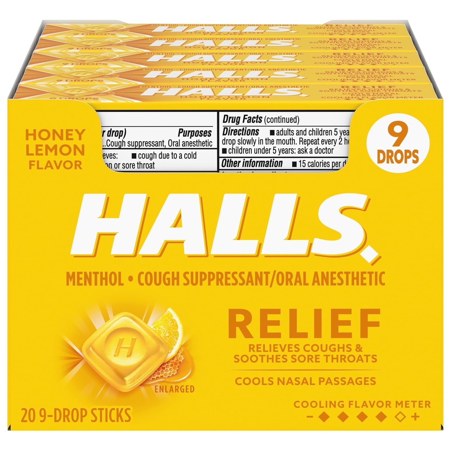 HALLS Relief Honey Lemon Cough Drops, 20 Packs of 9 Drops (180 Total Drops)