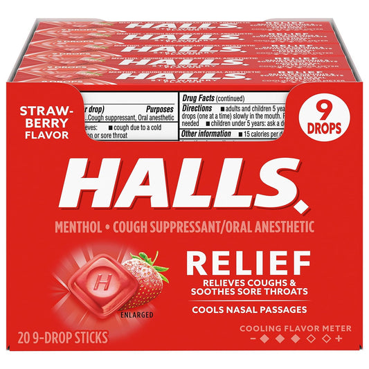 HALLS Relief Strawberry Cough Drops, 20 Sticks of 9 Drops (180 Total Drops)