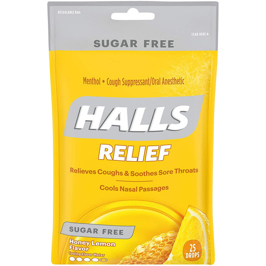 HALLS Relief Sugar Free Honey-Lemon Flavor Cough Drops, 1 Bag (25 Total Drops)