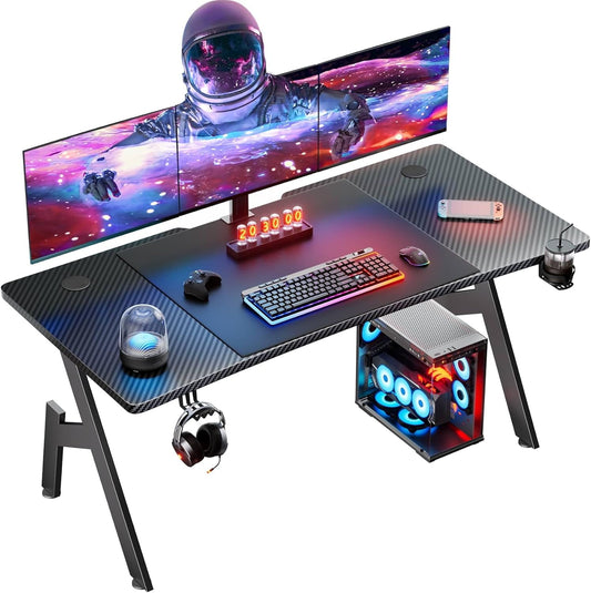 HLDIRECT 47 Inch Gaming Desk with Carbon Fibre Surface Large Computer Desk Gaming Table Ergonomic Pc Gaming Workstation Home Office Desks with Cup Holder & Headphone Hook