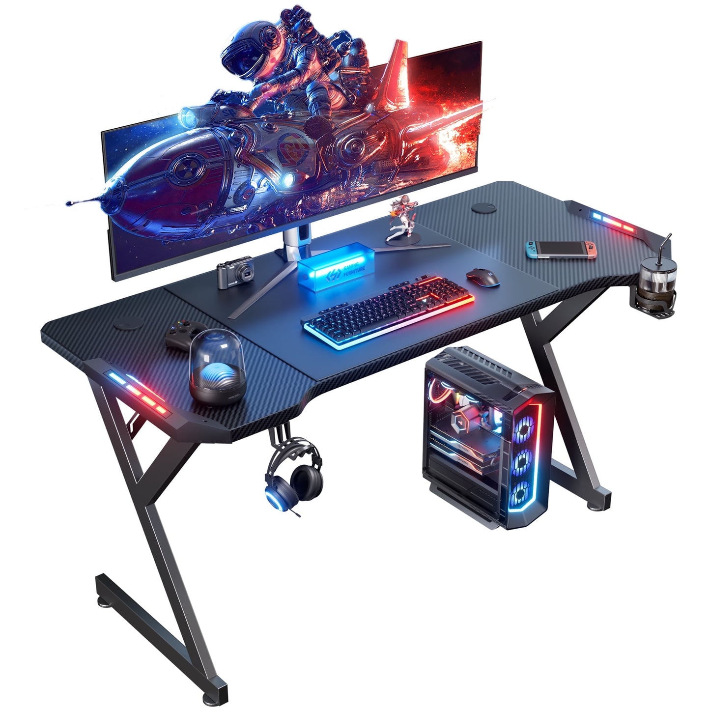 HLDIRECT 47 inch Gaming Desk with LED, Ergonomic Computer Desk for Adult and Teen, Black