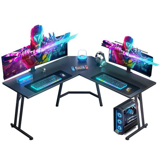 HLDIRECT 51 Inch L Shaped Gaming Desk with Carbon Fiber Surface, Computer Corner Desk, PC Gaming Desk, Black