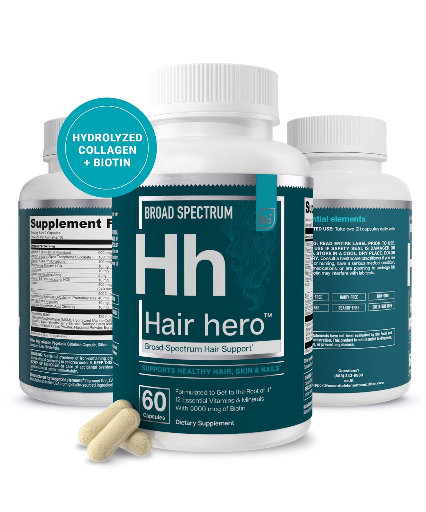 Hair Hero - Broad-Spectrum Hair Formula - Healthy Hair, Skin, and Nails - 5000 mcg Biotin | Essential Elements - 30 Day Supply