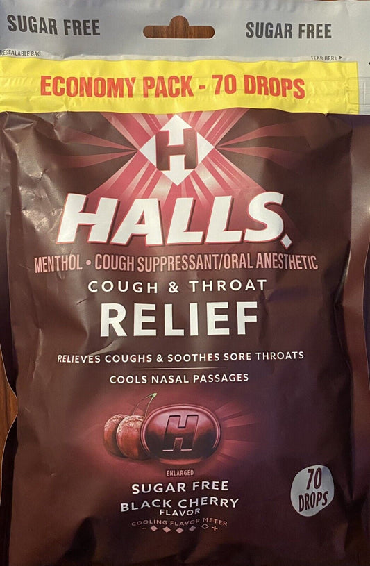 Halls ECONOMY PACK Black Cherry Cough & Throat Relief SUGAR FREE 70 Cough Drops