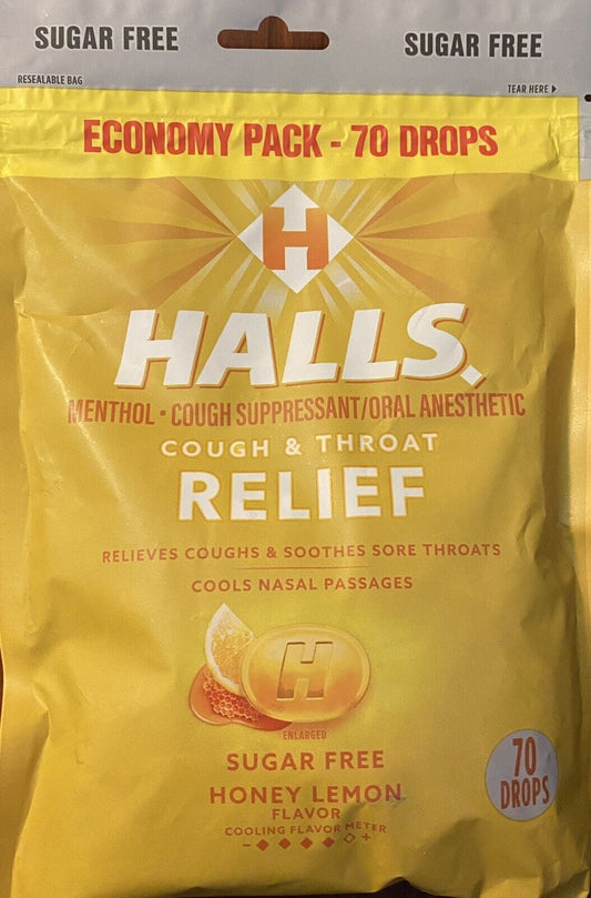 Halls ECONOMY PACK Honey Lemon Cough & Throat Relief 70 Cough Drops - SUGAR FREE