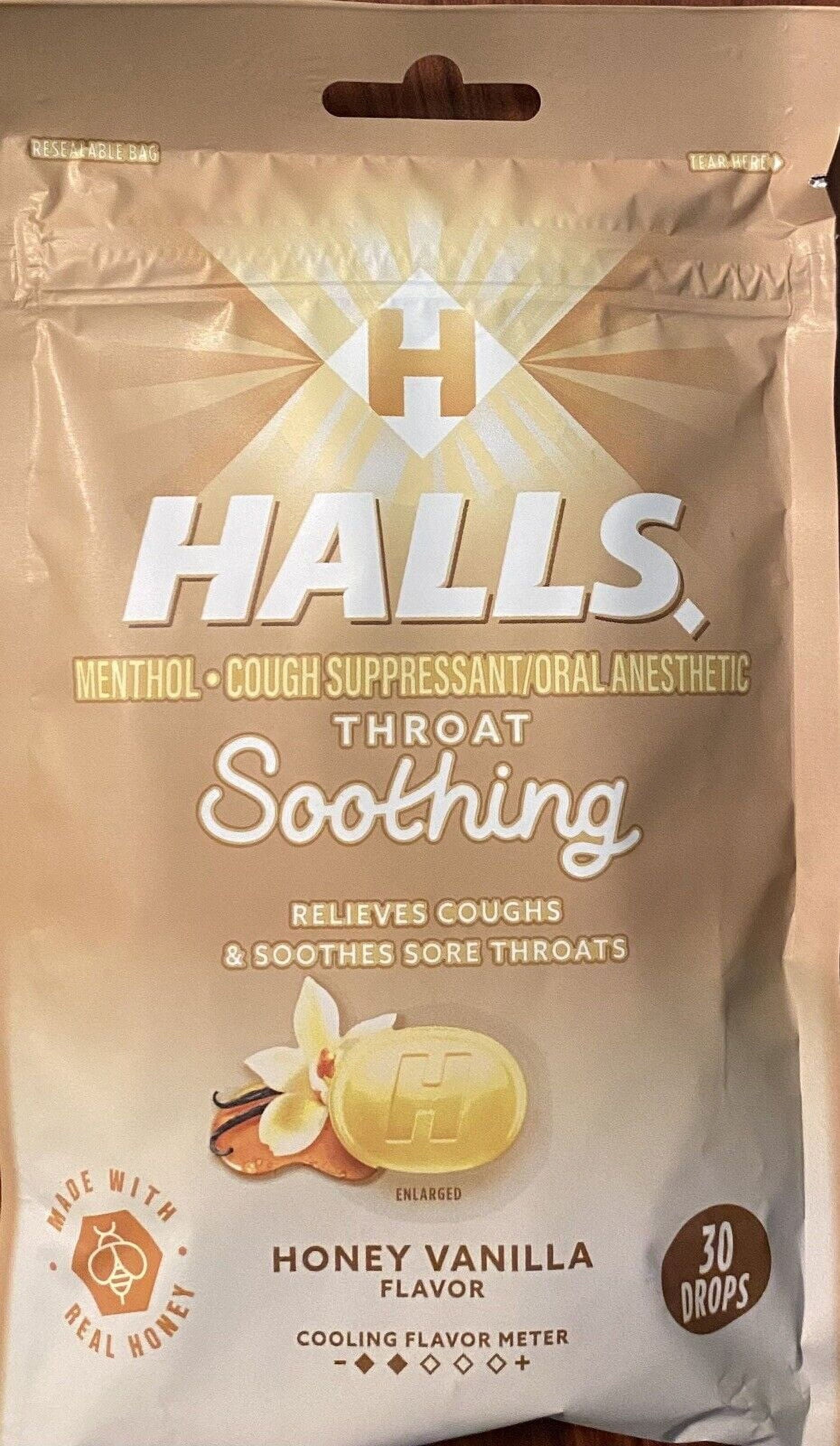 Halls HONEY VANILLA Throat Soothing Lozenges Menthol Cough Suppressant 30 Drops