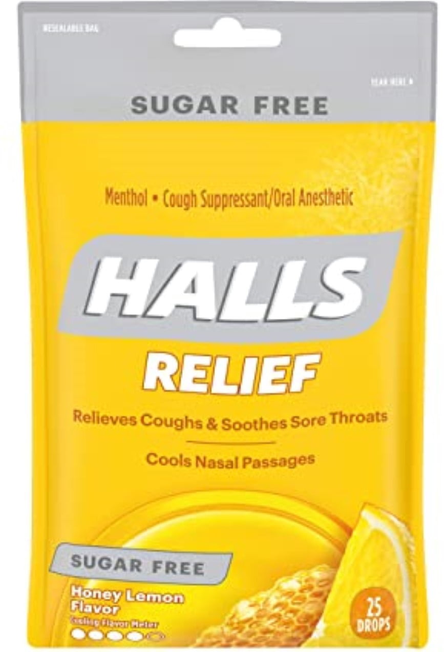 Halls Mentho-Lyptus Drops Sugar Free Honey-Lemon 25 Each (Pack of 4)