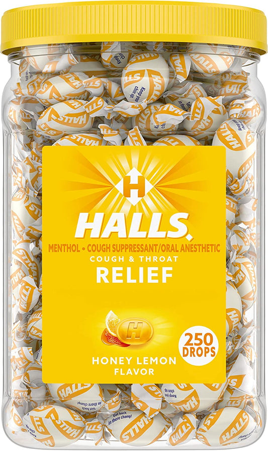 Halls Relief Honey Lemon Cough Drops, Bulk Cough Drops, 250 Drops