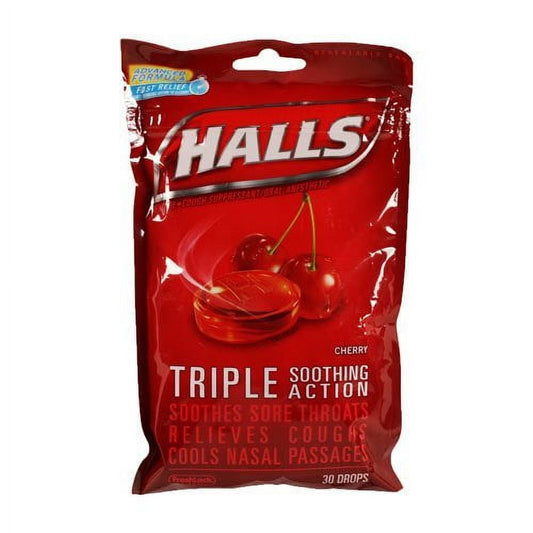 Halls Triple Soothing Action Cough Drops, Cherry, 30 Ct (6 pack) (Bundle)