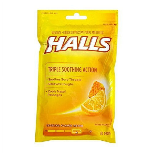 Halls Triple Soothing Action Cough Drops, Honey Lemon 30 Each ( Pack of 6)