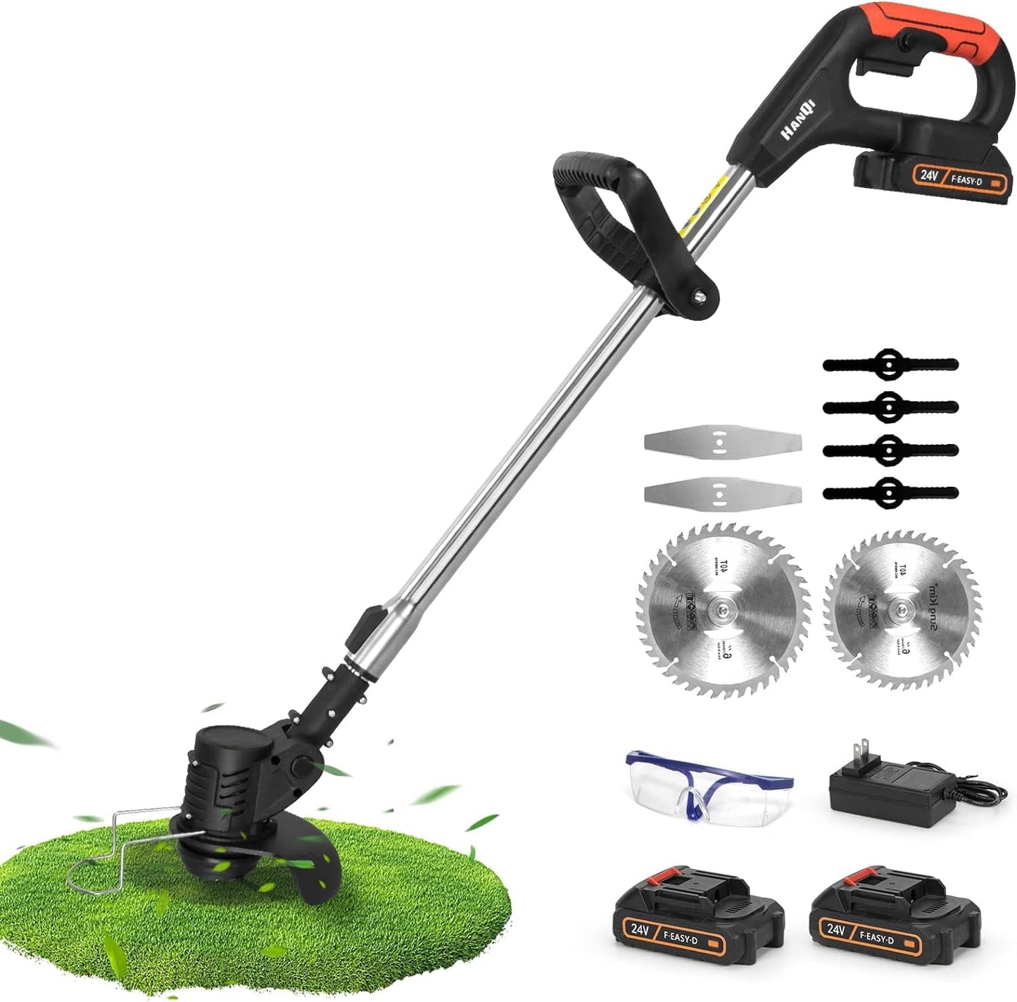 HanQi Electric Weed Eater Cordless Grass String Trimmer with 2 Battery, 3 Blades