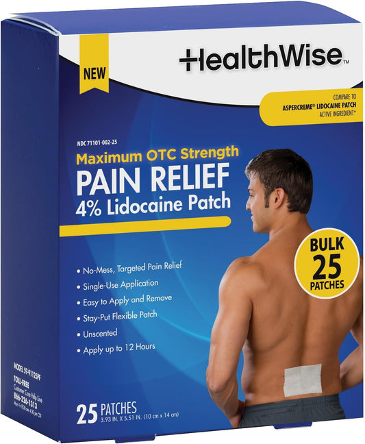 HealthWise™ Maximum Strength OTC Pain Relief Patch | 4% Lidocaine Patch | 3.9” x 5.5” | 25-Count Box | Paraben Free