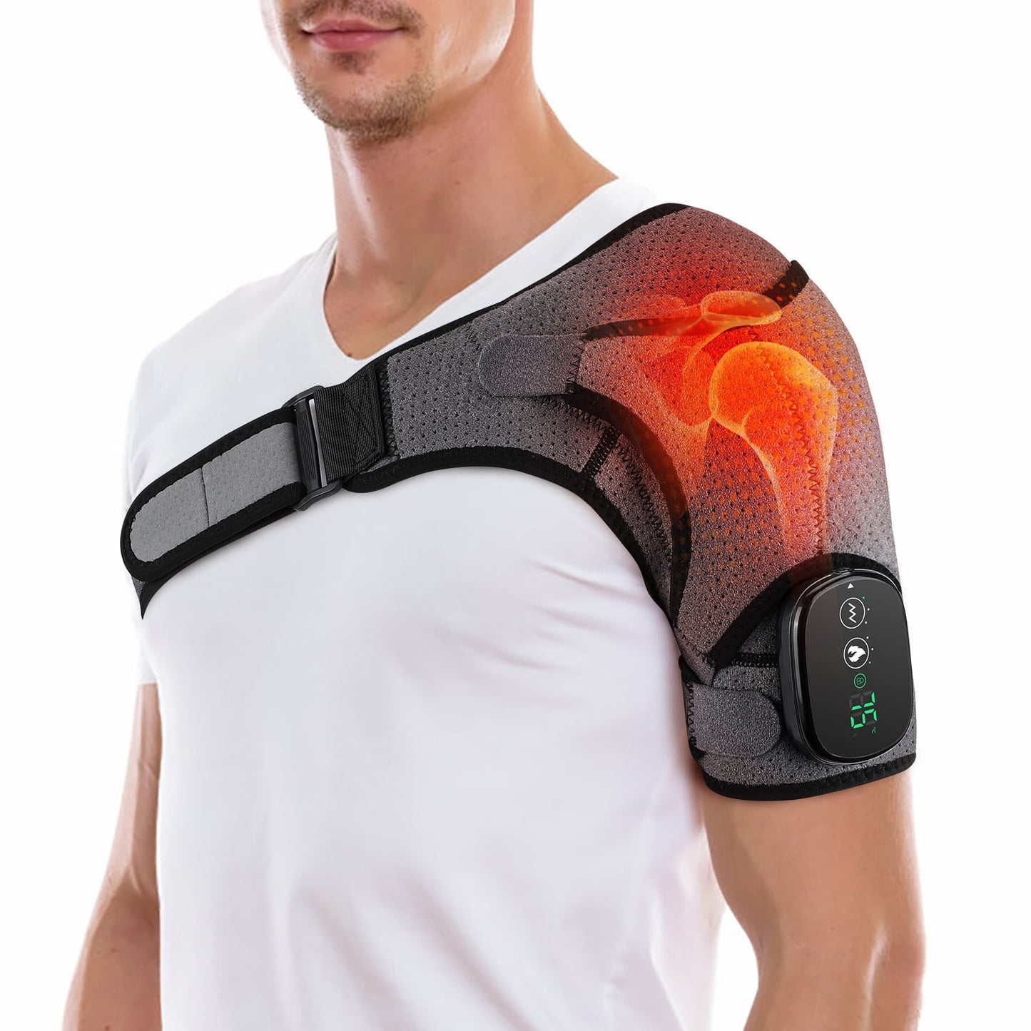 Heated Shoulder Wrap with Massage, Cordless Electric Shoulder Heating Pad for Men Women Frozen Shoulder, Rotator Cuff, Muscle Relief with 3 Heat & Vibration Settings, Grey