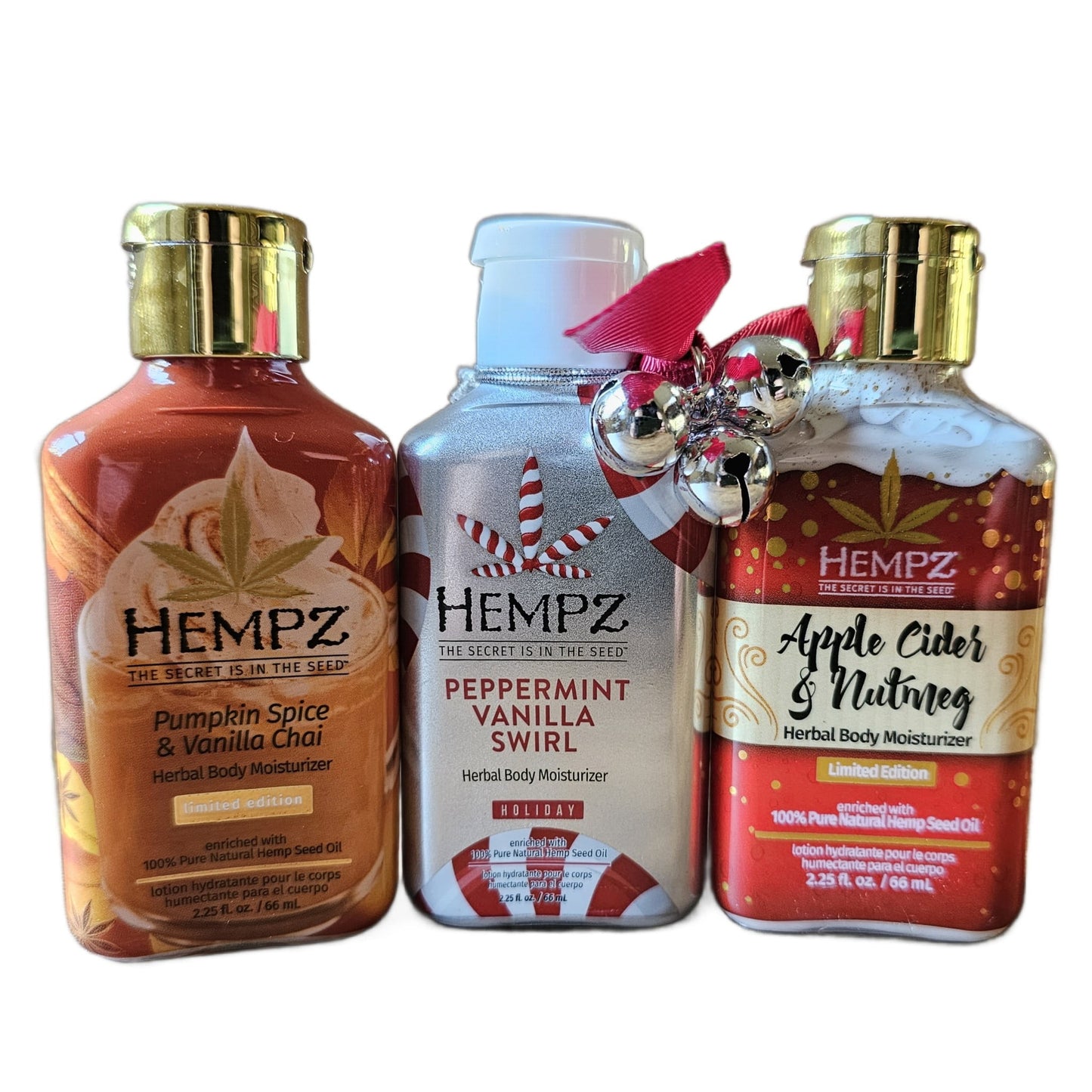 Hempz Holiday Limited Edition Mini Scents Body Lotion (3 pack) Peppermint Vanilla Swirl, Apple Cider Nutmeg and Pumpkin Spice & Vanilla 2.25 oz each