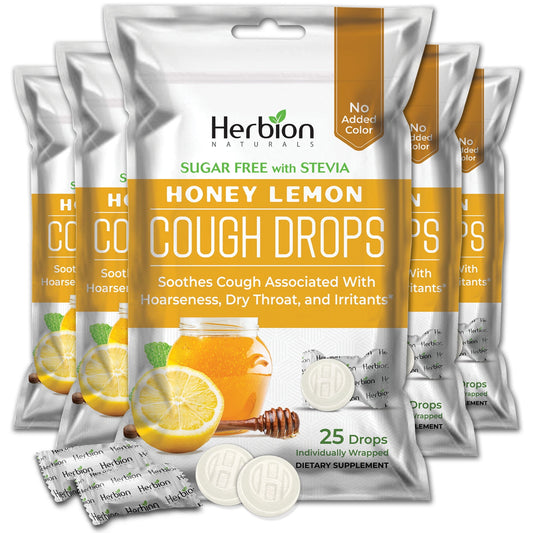 Herbion Naturals Cough Drops with Natural Honey Lemon Flavor, Sugar-Free with Stevia, Dietary Supplement, Soothes Cough, For Adults and Children over 6 years, 25 Drops - 5 Packs (125 Lozenges)