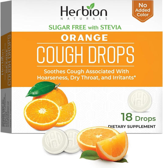 Herbion Naturals Cough Drops with Orange Flavor, Sugar-Free with Stevia, Soothes Cough, for Adults and Children Over 6 Years, 18 Drops