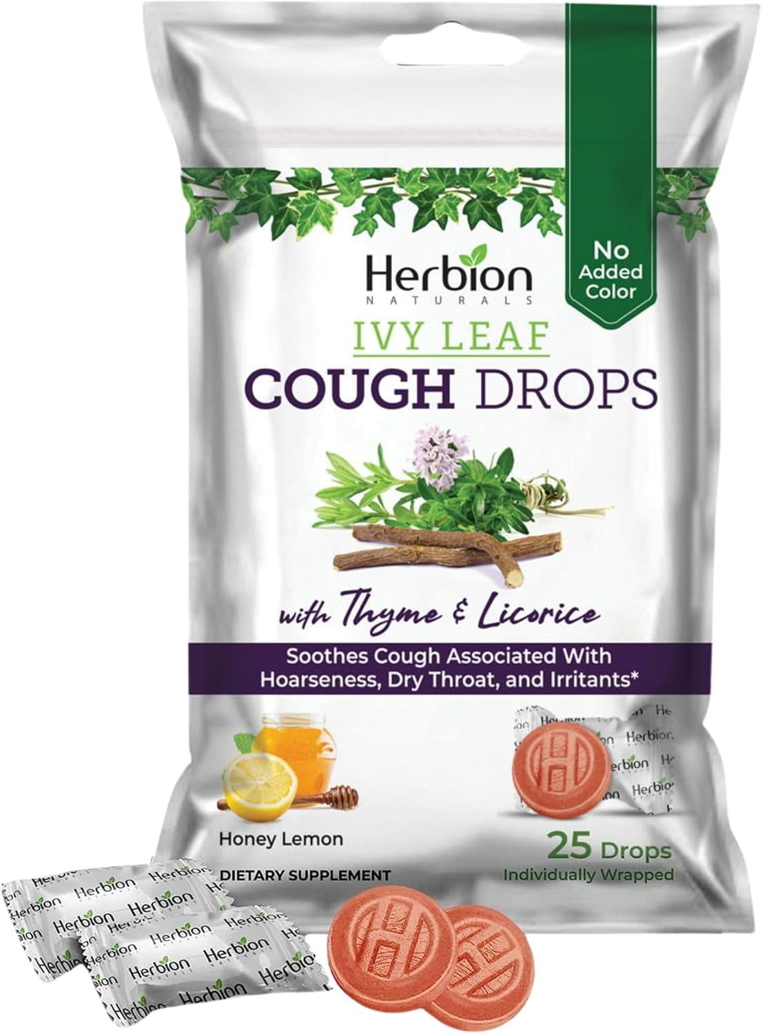 Herbion Naturals Ivy Leaf Cough Drops with Thyme & Licorice, Honey Lemon Flavor, Soothes Cough, for Adults & Children Over 6 Years, 25 Drops