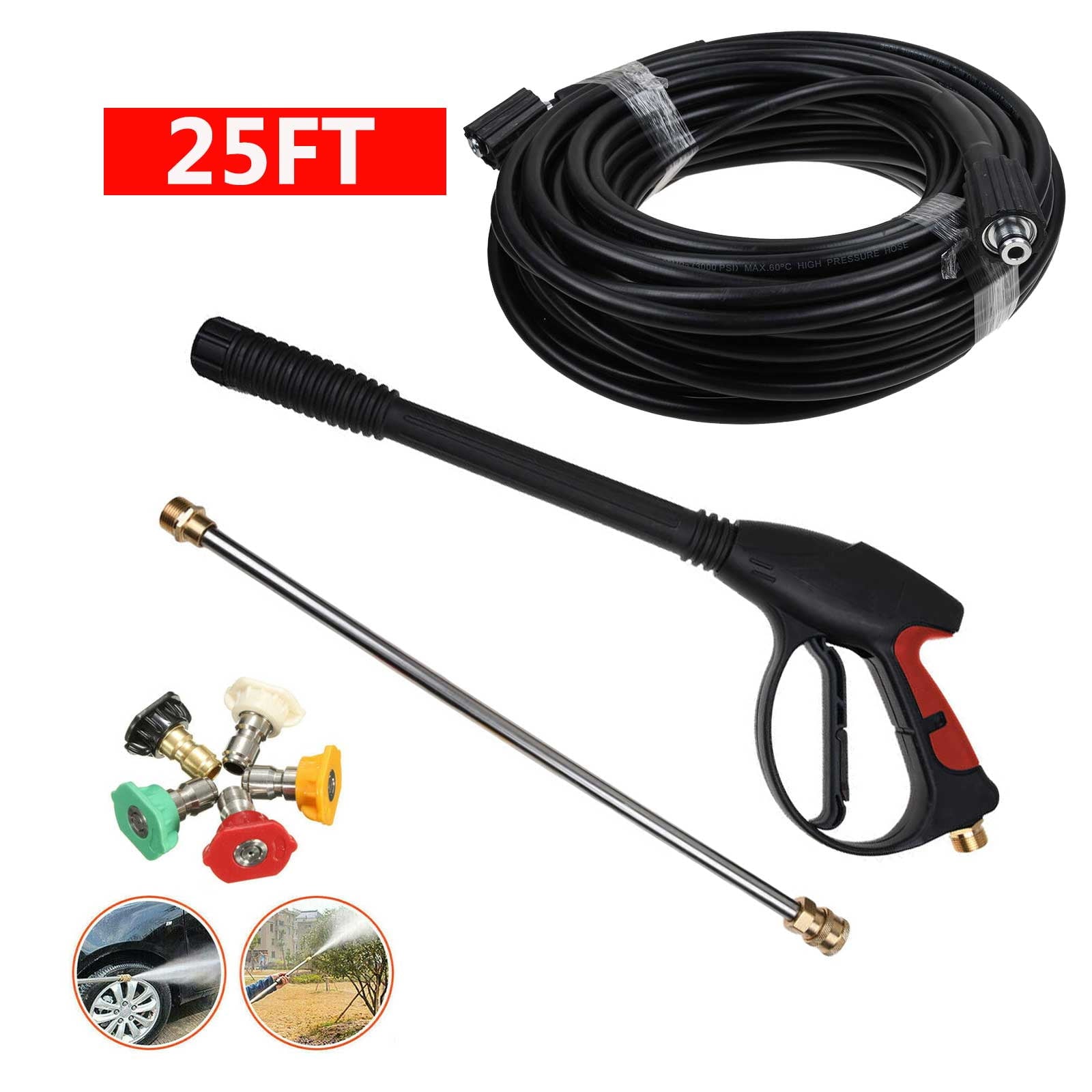 High Pressure Washer Spray Gun 4000PSI Car Power Wand M22  with 5 Lance Nozzle Adapter, 25FT Hose Kit