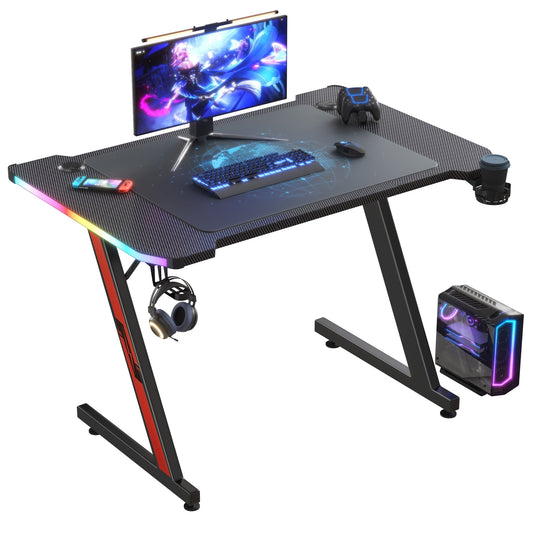 Homall 47" RGB Gaming Desk Z-Shaped Carbon Fiber Desk Office Desk with Large Mouse Pad, Cup-Holder & Headphone Hook, Black