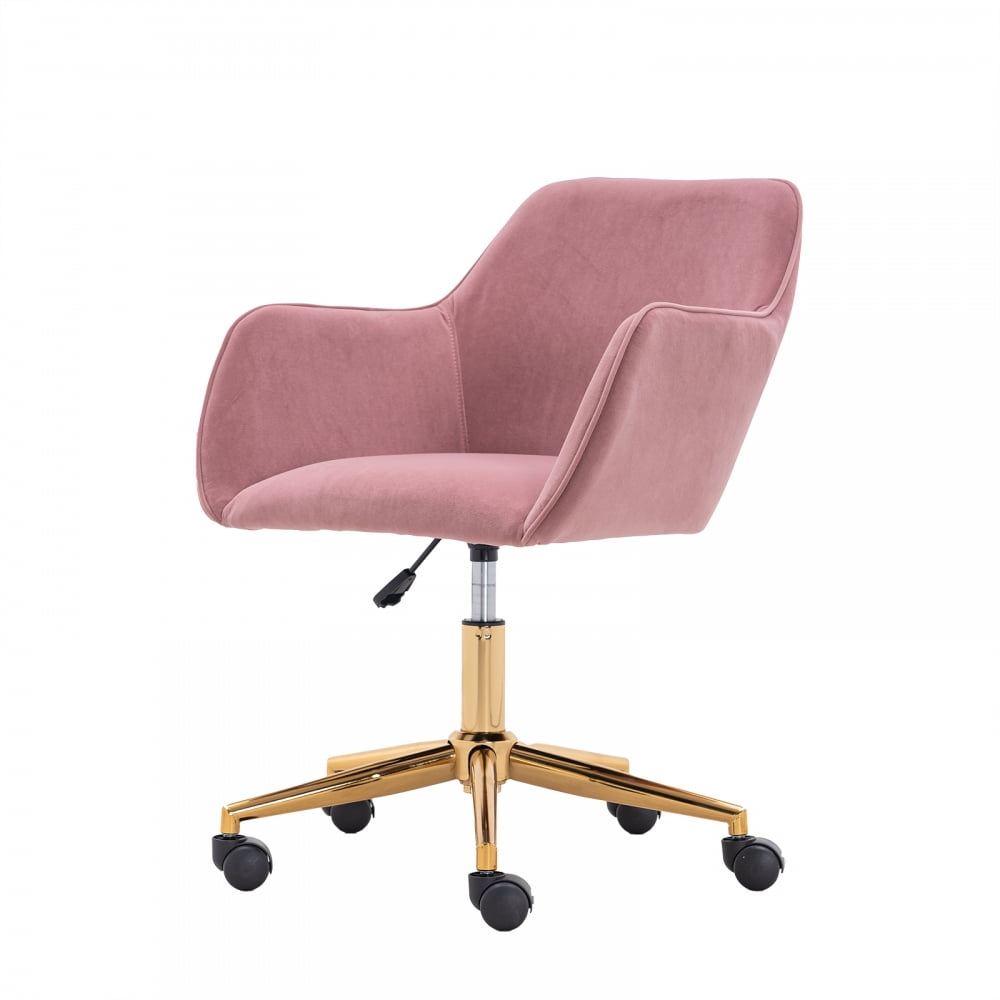 Home Office Chair, Desk Chair with 360° Swivel and Adjustable Height, Rolling Chair with Gold Metal Legs and Universal Wheels for Indoor, Computer Chair for Office, Bedroom, Living Room, Pink