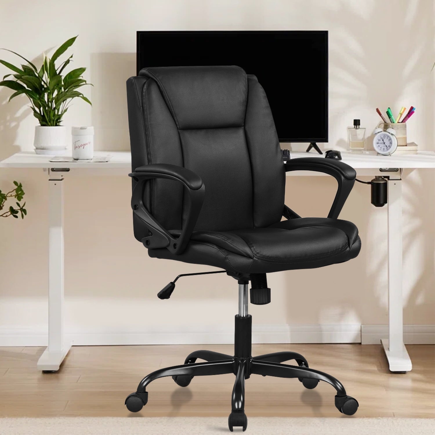 Home Office Chair Mid Back Executive Office Chair Ergonomic Computer Desk Chair with Armrest and Lumbar Support Adjustable Rolling Swivel Chair Faux Leather Chair for Home Office 250LBS, Black