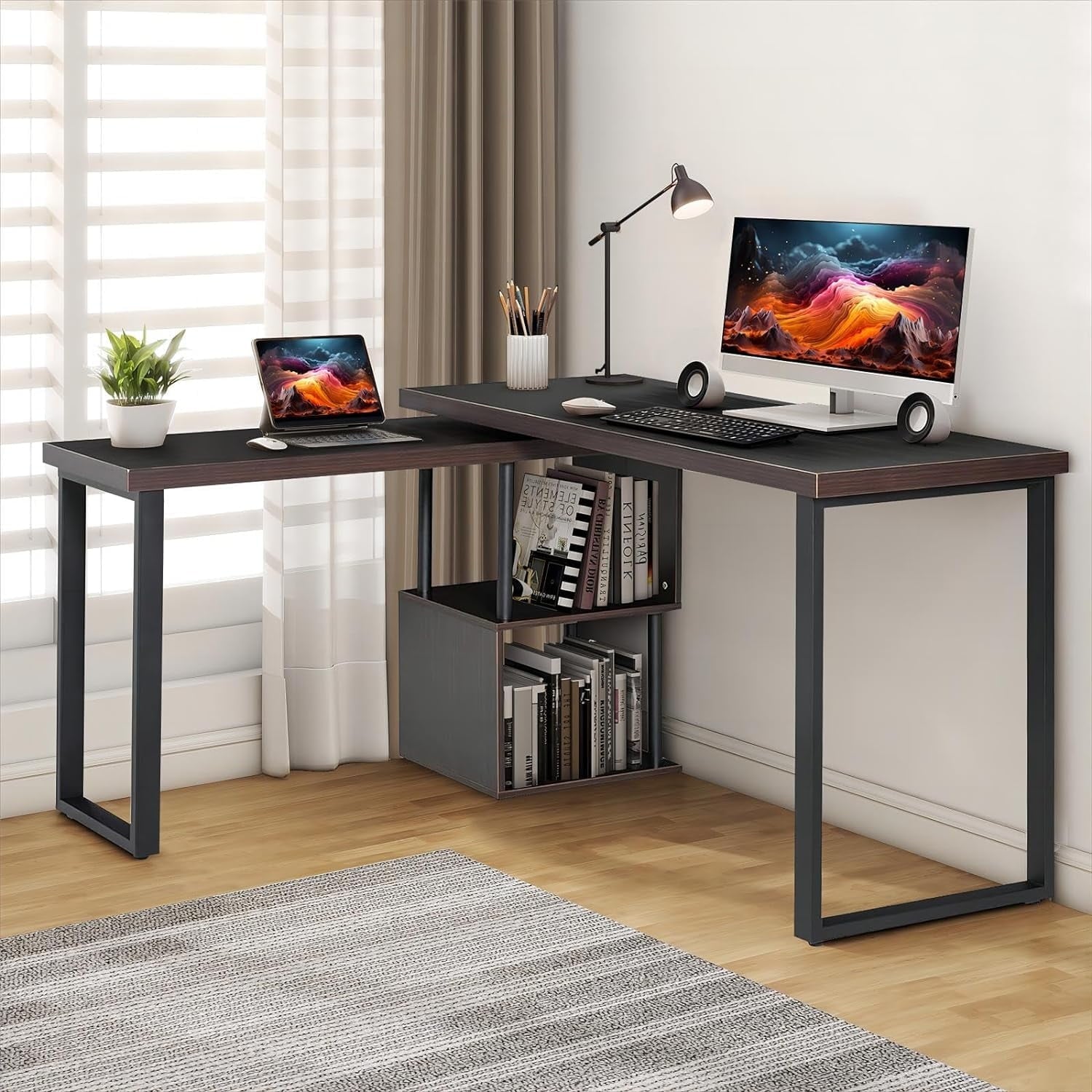 Home Office Computer Desk with 2-Tier Storage Shelf for Bedroom, Dorm, Study Room