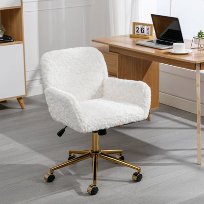 Home Office Desk Armchair with Wheels, Comfy Artificial Rabbit Hair Upholstered Accent Vanity Chair with Golden Metal Base, Adjustable Hight Swivel Task Computer Chair for Living Room, Bedroom, White