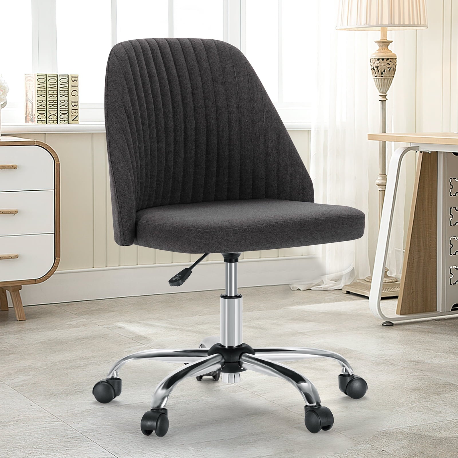 Home Office Desk Chair, Modern Swivel Computer Chair, Fabric Upholstered Chair Armless Cute Chair with Wheels for Bedroom, Living Room, Vanity Room, Dark Grey