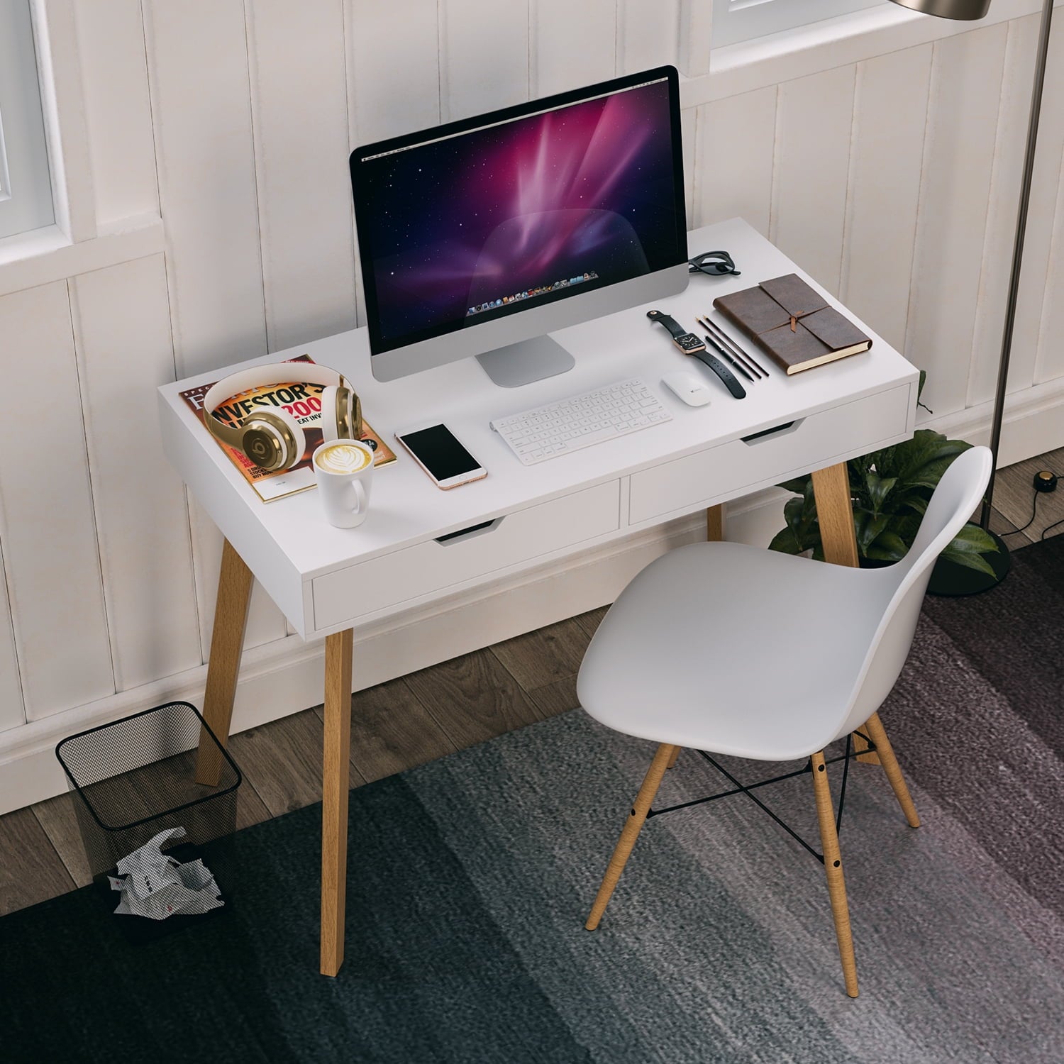 Homfa 2 Drawers White Desk, Writing Desk with Oak Legs for Home Study Office, 19.7''D x 39.4''W