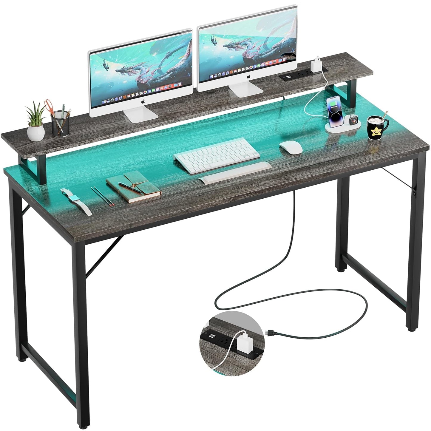 Homieasy 55 inch Computer Desk with Power Outlets, Gaming Desk with LED Lights, Home Office Work Desk with Monitor Stand, Modern Office Desk Study Writing Table for Small Spaces, Black Oak