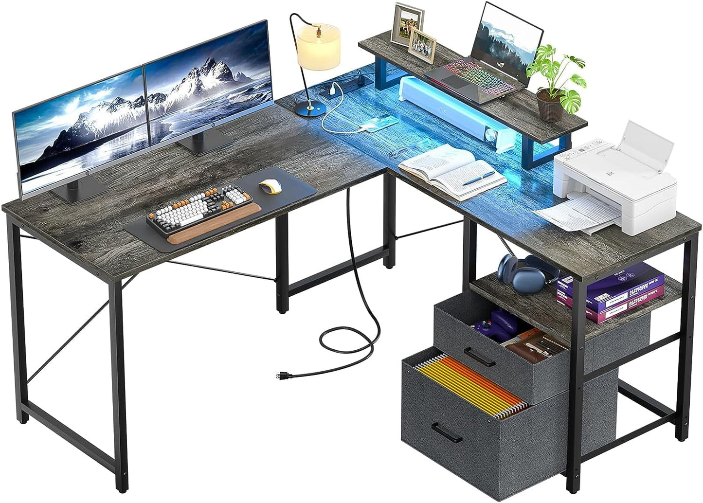 Homieasy L Shaped Desk with Power Outlet and LED Lights, Reversible Corner Computer Desk with Drawers and Storage Shelf, Ergonomic L-Shaped Gaming Desk with Monitor Stand for Home Office, Black Oak