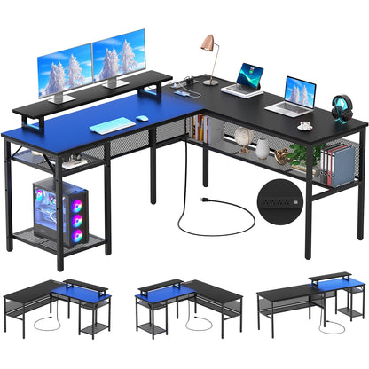 Homieasy L Shaped Desk with Power Outlets and LED Lights, 55 Inch Reversible L-Shaped Gaming Desk with Storage Shelves and Monitor Stand, Corner Computer Desk with Unique Grid Design, Black Oak