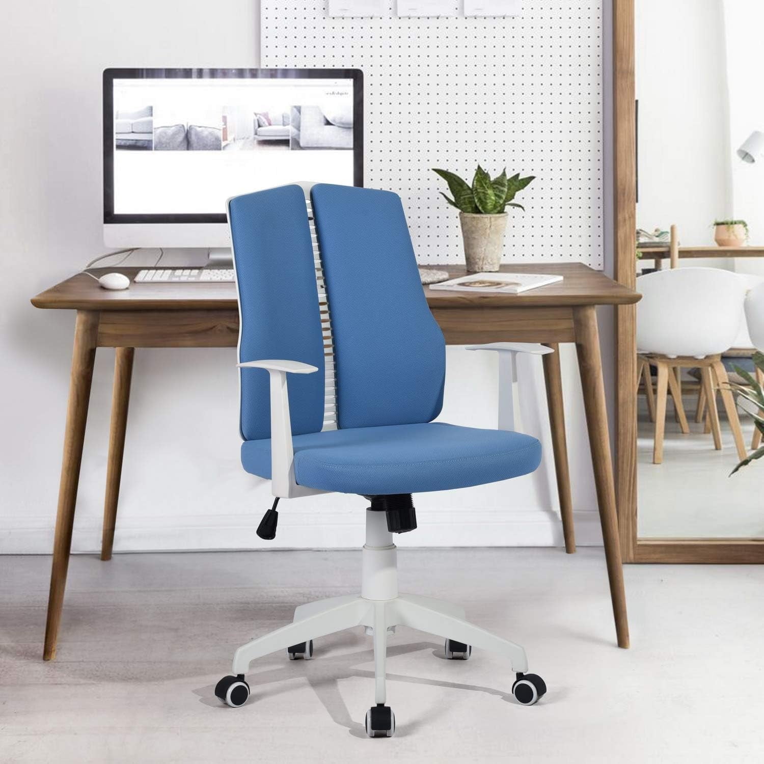 Homylin Home Office Desk Chair with Arms, Upholstered Ergonomic Swivel Rolling Chair Computer Executive Chair for Bedroom, Dark Blue