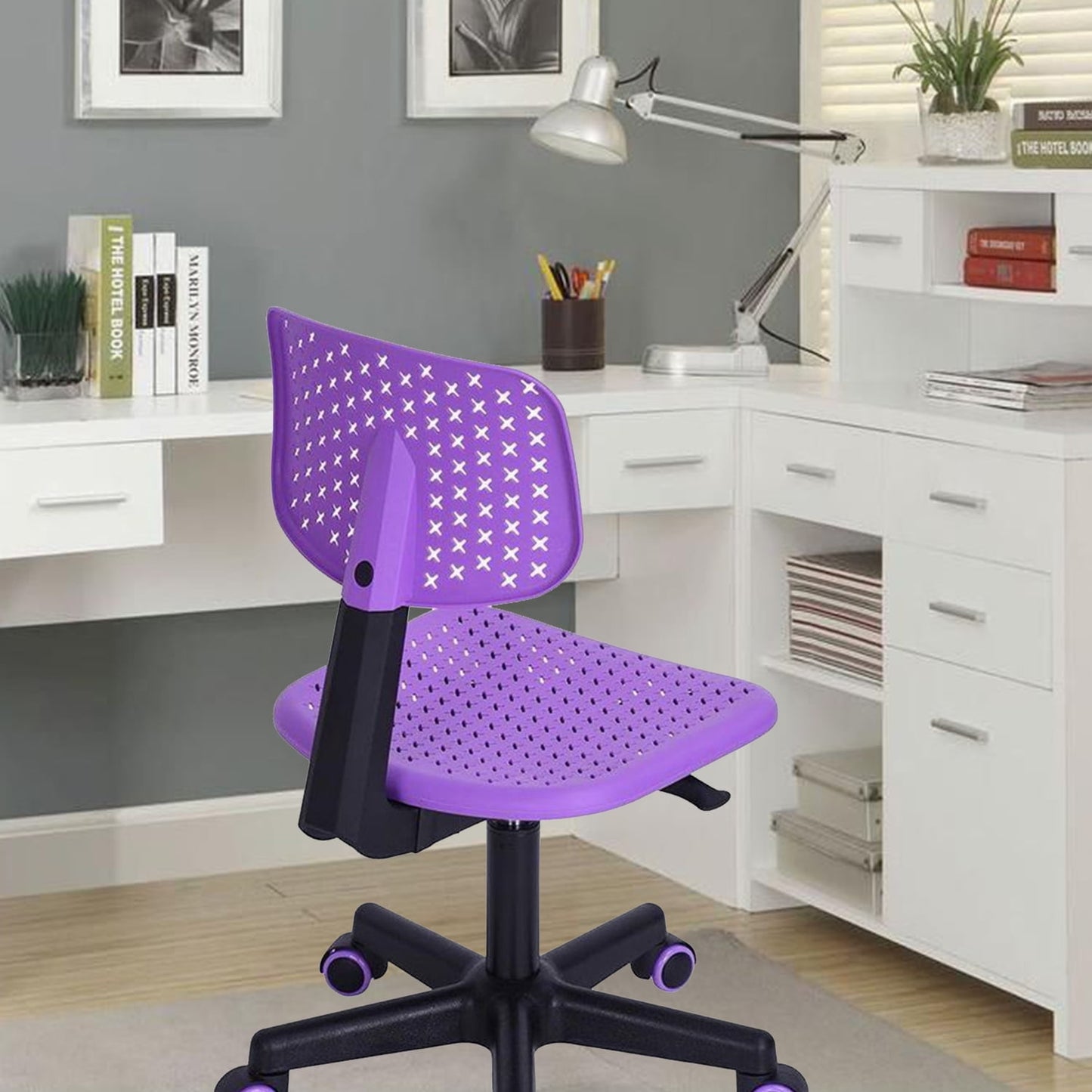 Homylin Low Back Armless Writing Desk Chair with Adjustable Height, Kids Computer Desk Chair for Home Office, Lumbar Support for Teens Boys Girls Students, Purple