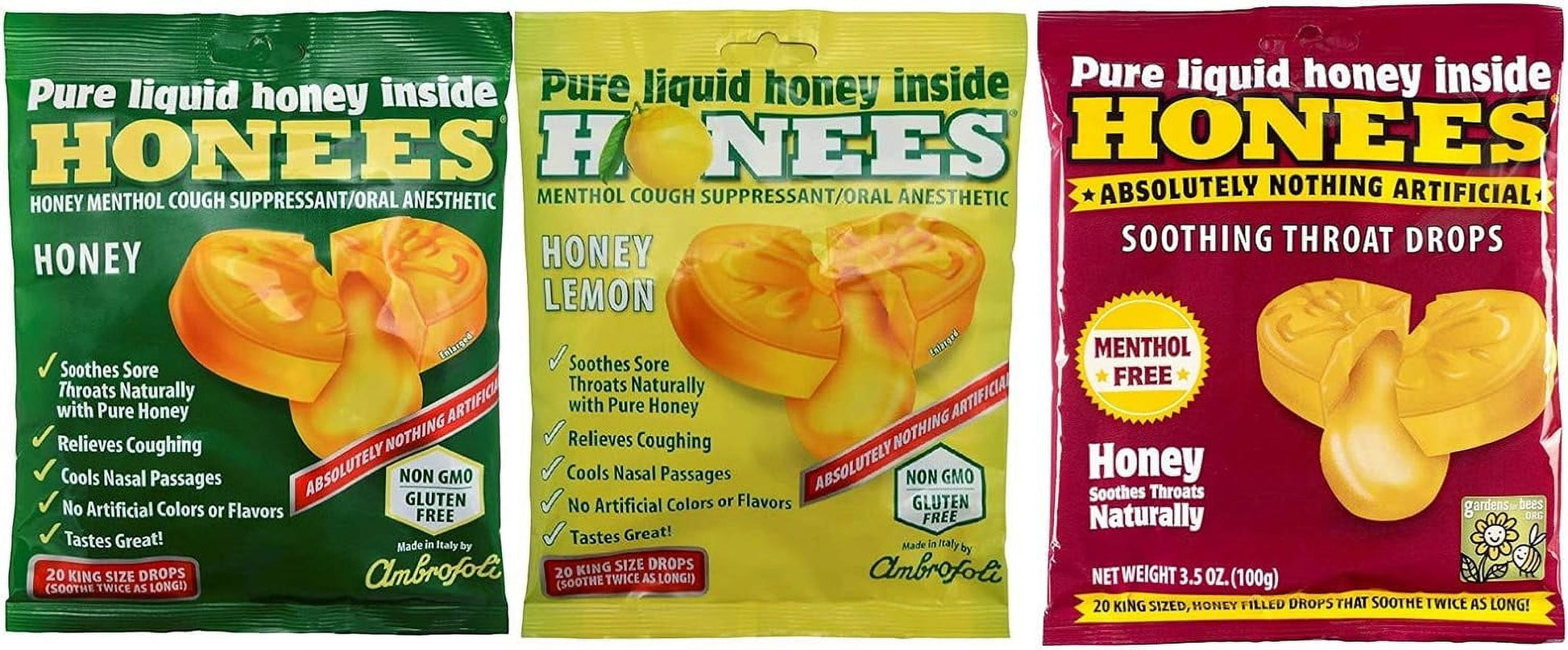 Honees Cough Drops 3 Flavors Honey + Lemon + Eucalyptus 3 Pack Total 60 Drops