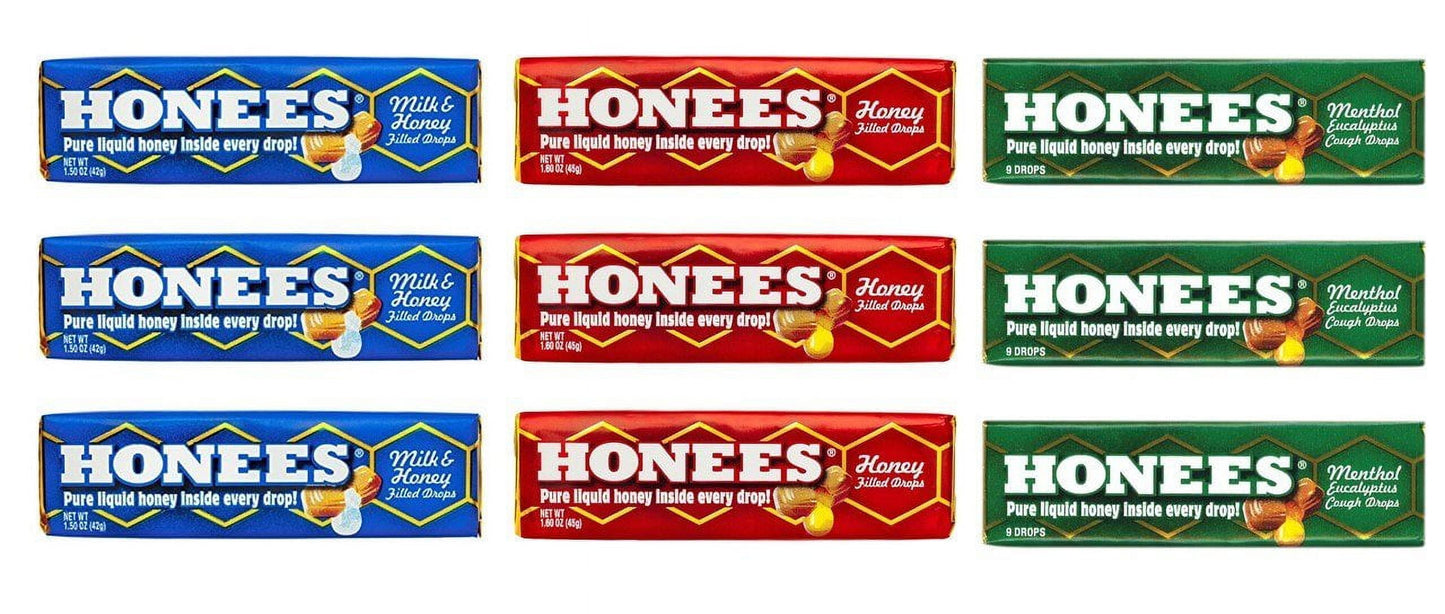 Honees Honey Drops 3 Flavor 9 Pack Variety Bundle, 3 each: Milk & Honey, Honey Menthol, Honey Filled (9 Count))