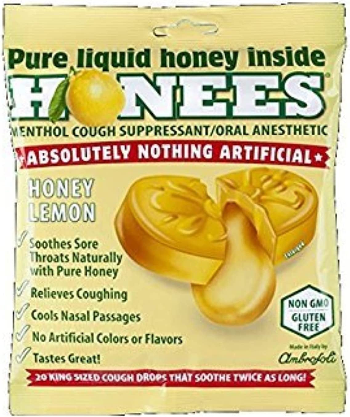 Honees Honey Lemon Cough Drops, 20 Drops Each (Pack of 4)