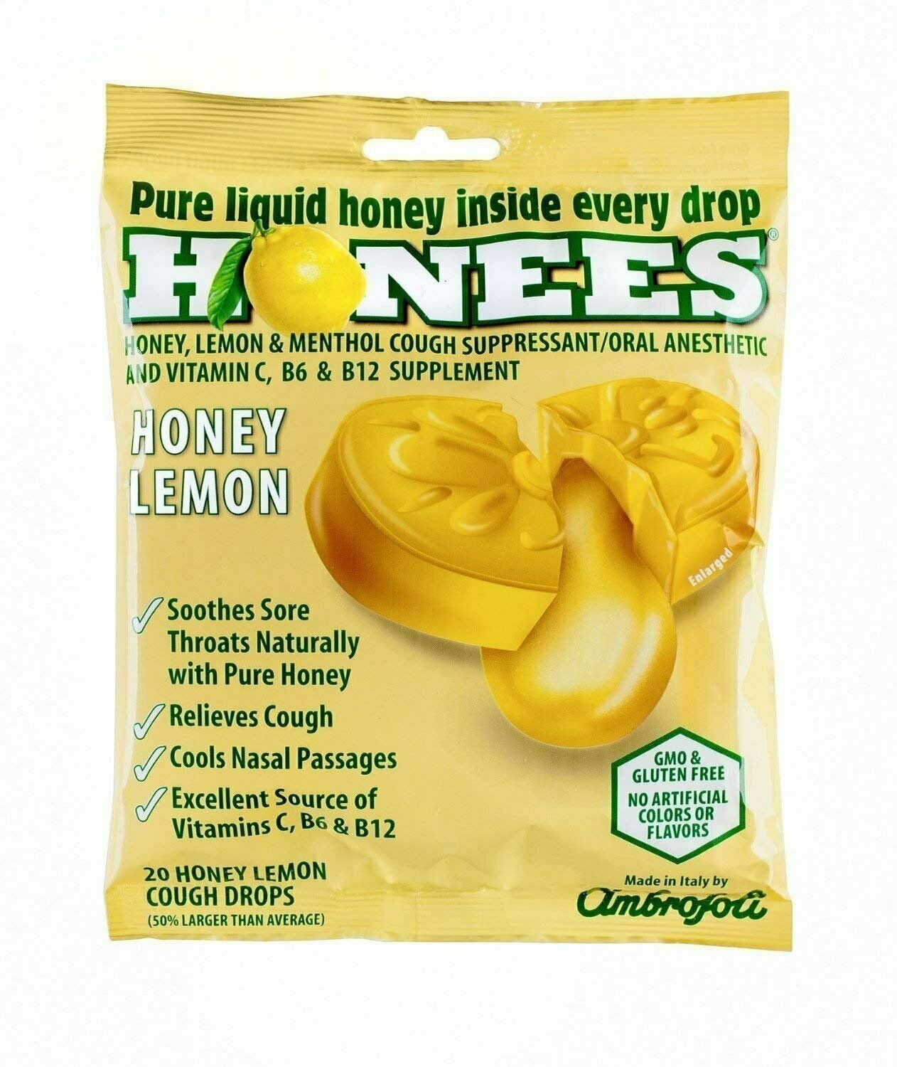 Honees Honey Menthol Cough Drops Honey Lemon, 20 Ea, 6 Pack