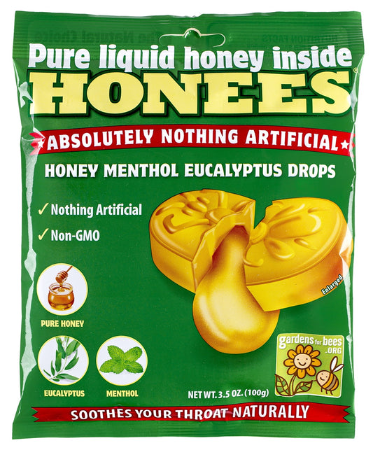 Honees Honey Menthol Eucalytpus Drops, 20 count, 3.5 oz Pack Of 12