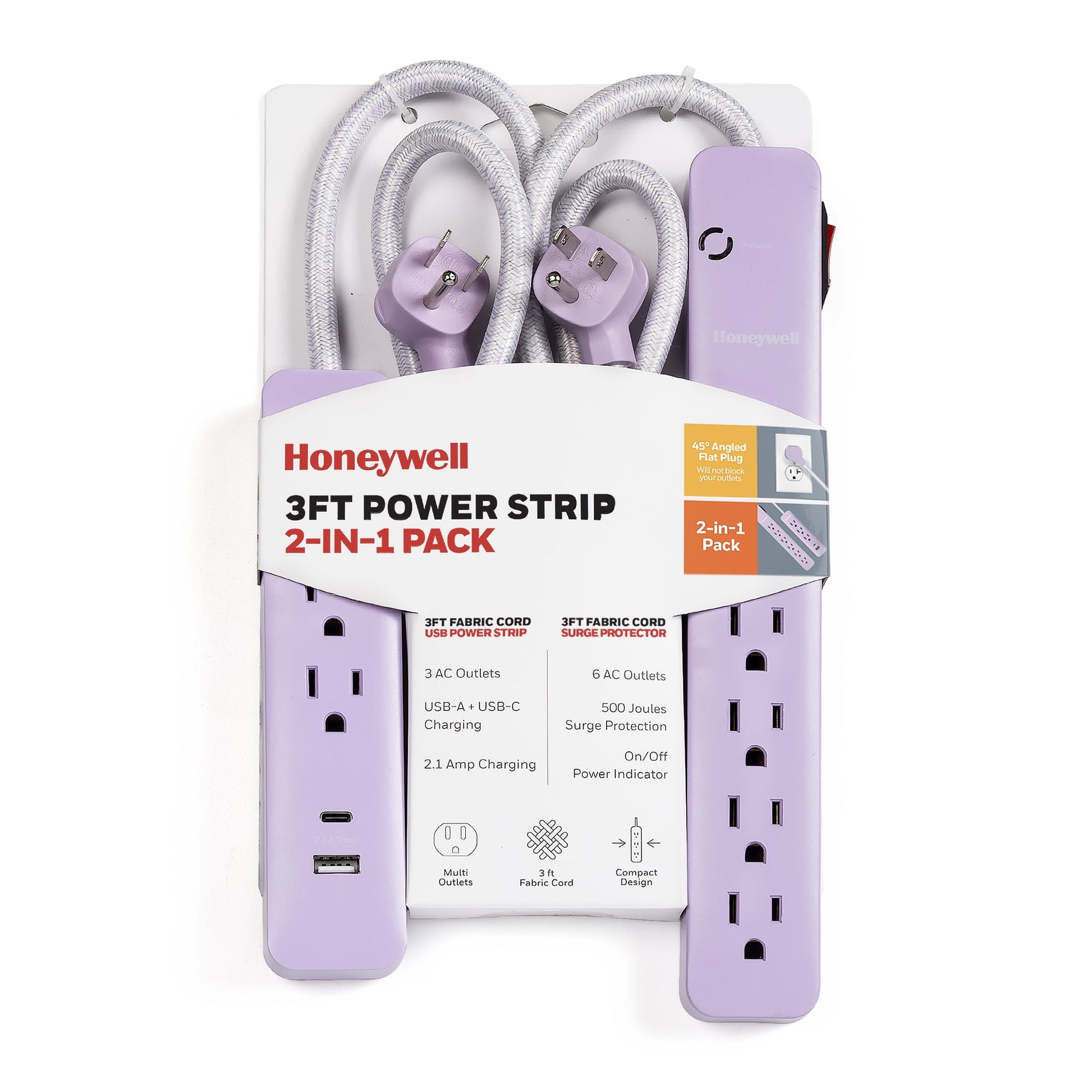 Honeywell 2-in-1 Pack Power Strips - 6 AC Outlets Surge + 3 AC 2 USB Strip (1 USB-A + 1 USB-C 2.1A) - Pink