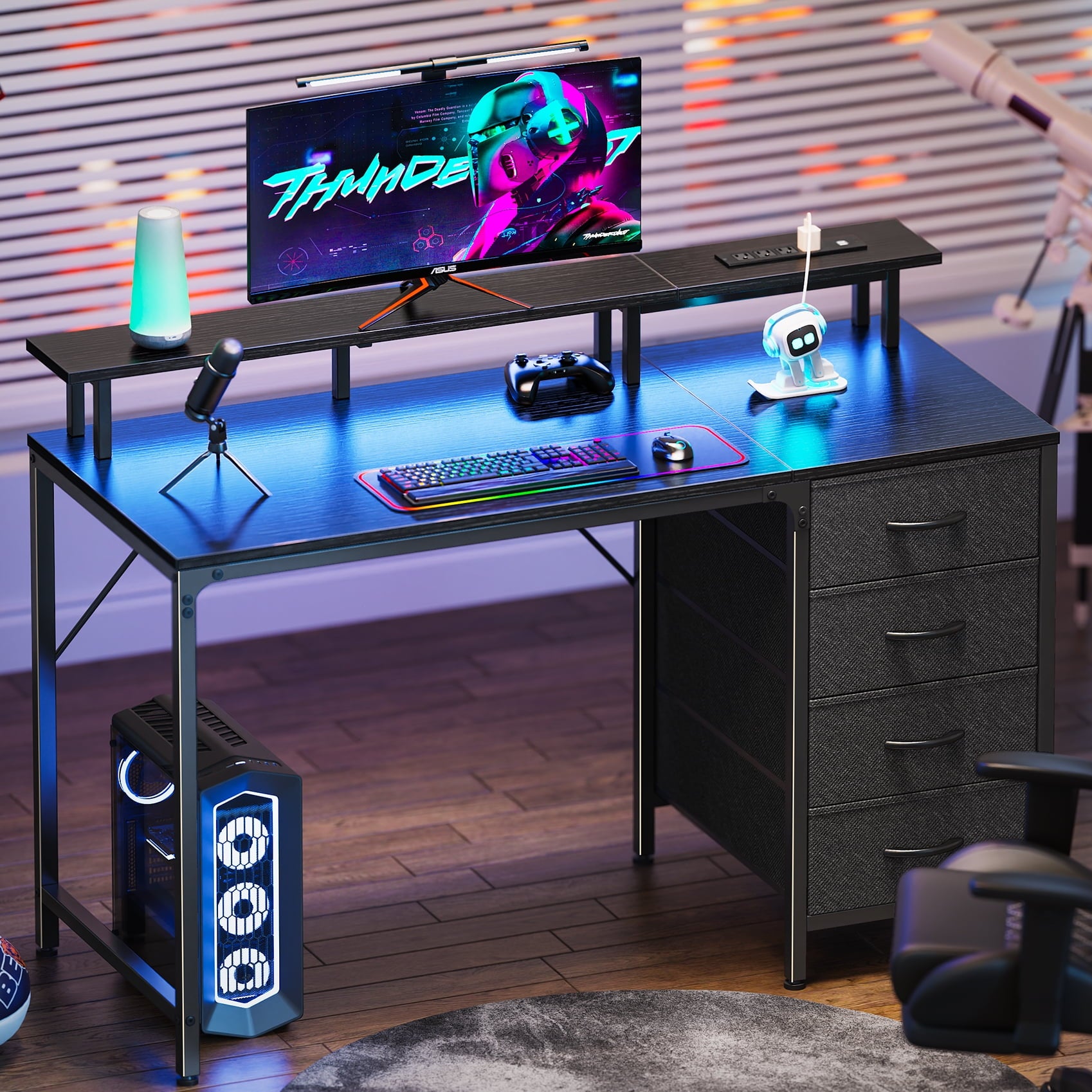 SUPERJARE Desk with Drawers, 46" Gaming Desk with LED Lights, Computer Desk Small Office Desk with Outlets, Writing Desk for Bedroom in Pure Black