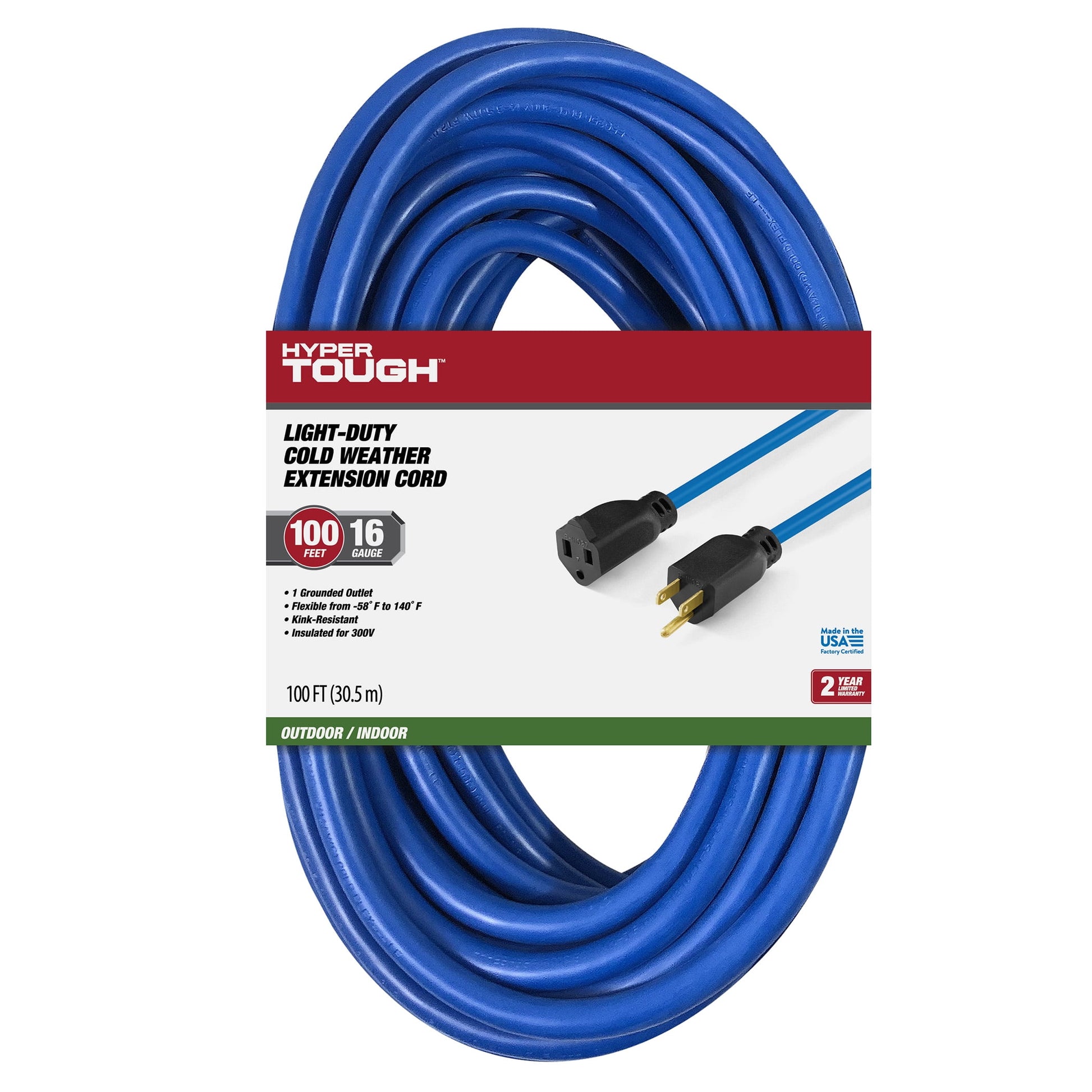 Hyper Tough 100FT 16 AWG 3 Prong Single Outlet Indoor/Outdoor Cold Weather Extension Cord Blue